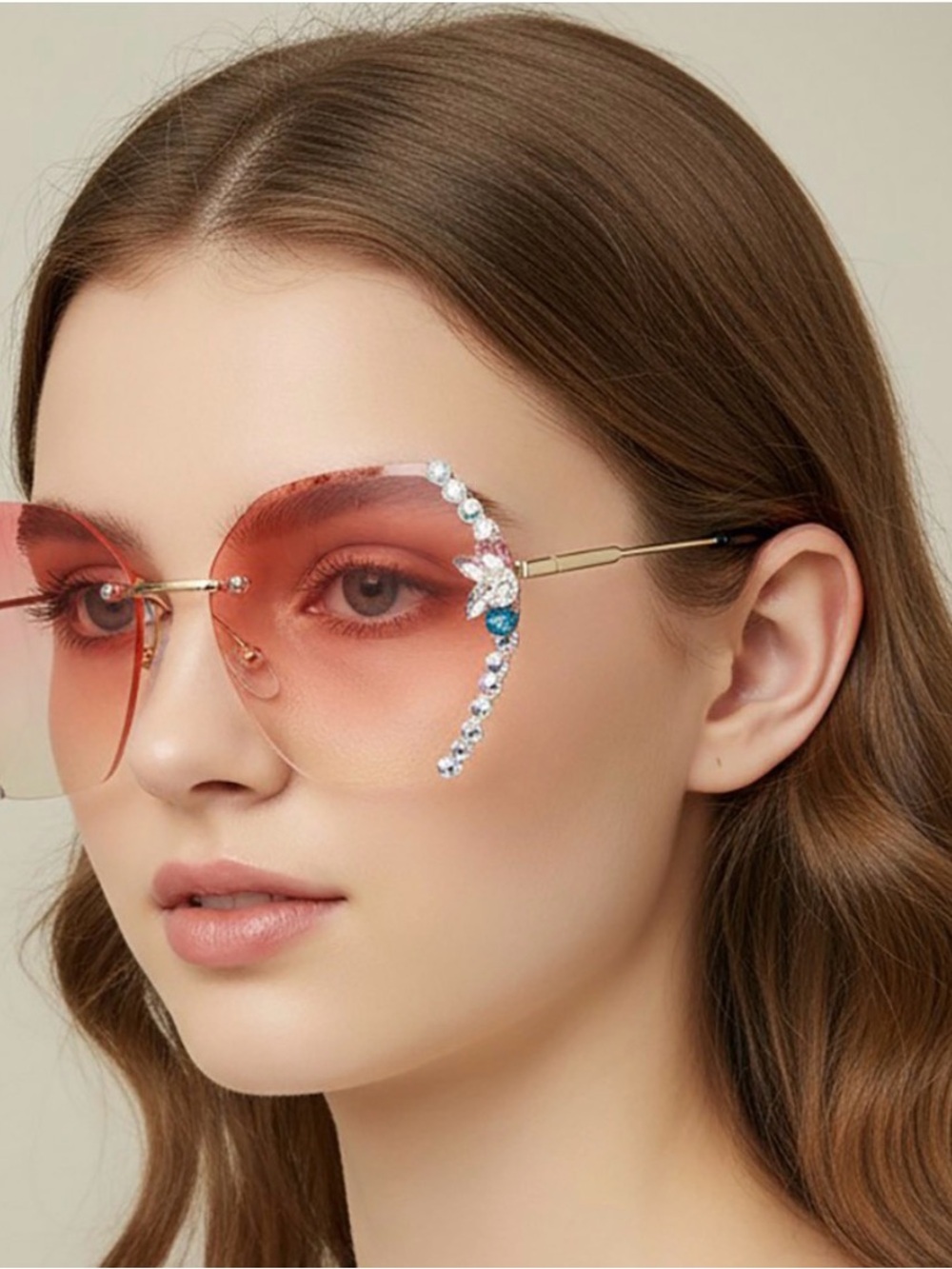 Rimless Pink Gradient Sunglasses with Crystal Detailing